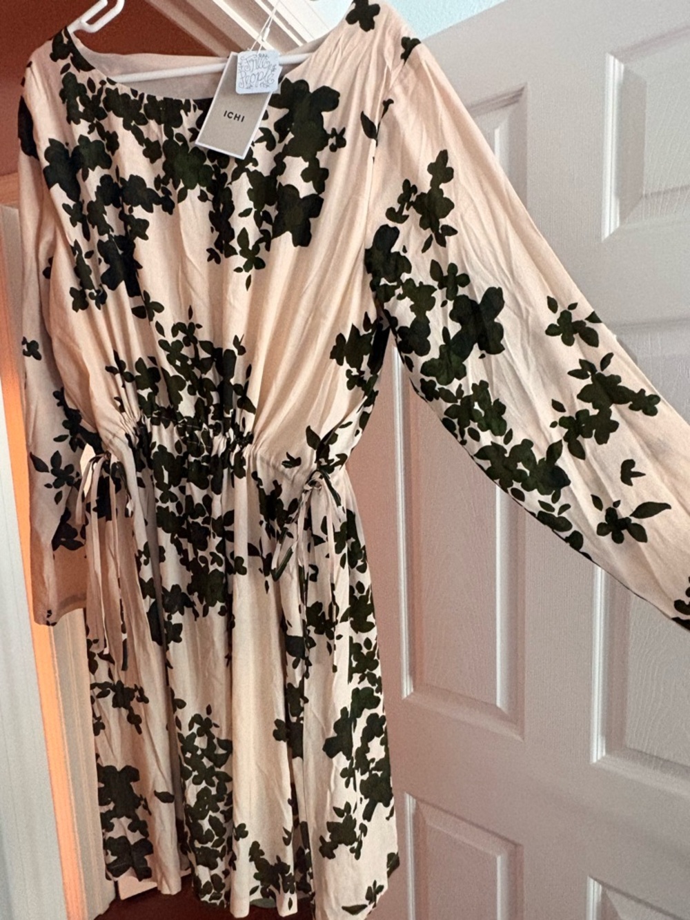 ICHI Cream Long-Sleeve Dress with Green Floral Print